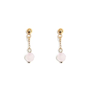 May include: A pair of gold earrings with a delicate chain and a light pink gemstone dangle.