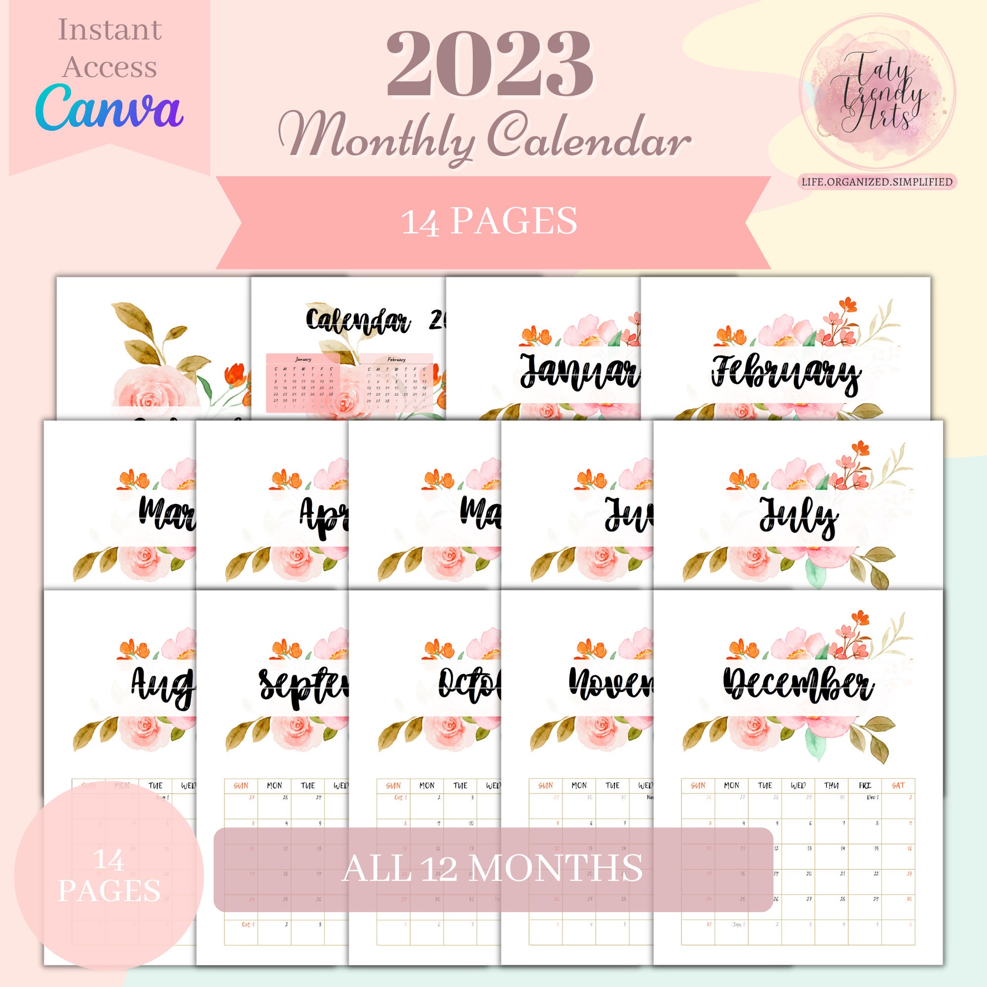 2023 Canva Calendar Template Yearly Monthly Vertical A4 Etsy