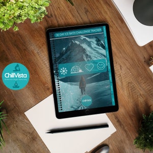 May include: A digital tablet showing a "30 Day Ice Bath Challenge Tracker" with a snowy mountain backdrop. The screen displays icons of a snowflake, igloo, heart, and a smiling face. The ChillVista logo is present.