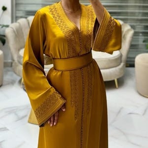 Moroccan Silk Mustard Caftan, Ramadan 2026 new kaftan, Nikah dress, Traditional dress, Embroidered engagement dress, Gift for her, Abaya.