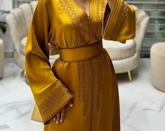 Caftán de seda mostaza marroquí, nuevo caftán de Ramadán 2026, vestido Nikah, vestido tradicional, vestido de compromiso bordado, regalo para ella, Abaya.