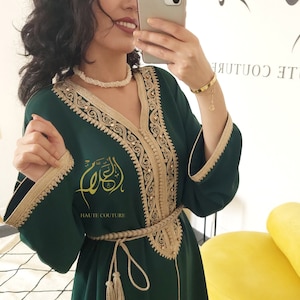 Moroccan Ramadan 2026 caftan, Embroidered dark Green moroccan dress, kaftan with belt, homemade caftan, Aid al Fitr dress, Gift for her.
