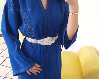 Refined Royal blue caftan, Embroidered moroccan kaftan, Engagement moroccan dress, Wedding guest caftan, Arabic dress, Gift for her.