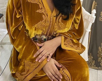 100% silk velvet Moroccan Golden mustard caftan with silk embroidery, Ramadan 2026 abaya, Arabic dress, Gift for her, Christmas gift.