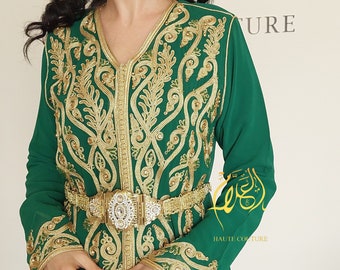 Moroccan caftan, Bridal green takchita, Wedding, Nikah dress, Arabic dress, Embroidered summer kuftan, Gift for her, Islamic henna caftan.