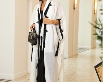 Trendy linen caftan, Embroidered abaya, Moroccan open kimono, off-white kaftan, Arabic dress, Islamic Kuftan, Farasha dress, Gift for her.