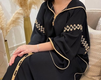 Elegant black jellaba, Embroidered spring djellaba, Eid jalaba, Hooded moroccan dress, Arabic summer dress, Long Islamic dress, Gift for her