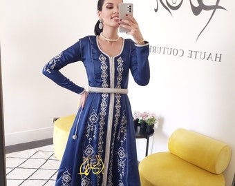 Moroccan wedding caftan, Embroidered blue kaftan, Beaded moroccan dress with belt gift for her, Birthday gift, Traditional engagement dress