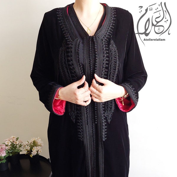 Trendy black velvet moroccan caftan, Embroidered 2 pieces kaftan, Arabic dress, Eid al adha kuftan, Wedding guest kuftan, Gift for her.