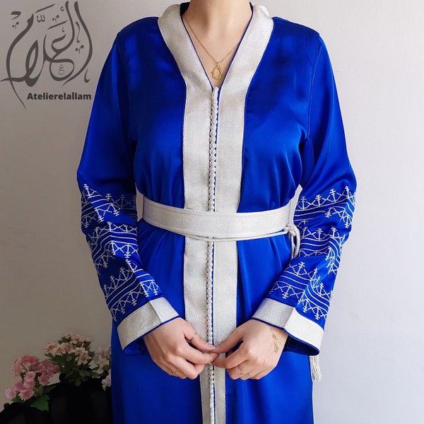 Moroccan spring-summer caftan, Cross stitch embroidered kaftan, Wedding guest kuftan, Engagement moroccan dress, Arabic dress, Bride caftan.