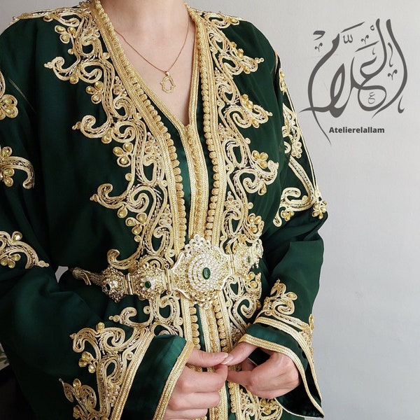 Royal green moroccan bride takchita, Wedding guest Kaftan, Engagement moroccan dress, Henna party caftan, Luxurious takchita, Bridal kuftan.