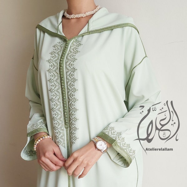 Moroccan  pistachio green Ramadan jellaba, Trendy cross stitch embroidery djellaba, Moroccan dress for Eid al fitr 2024, Hooded caftan.