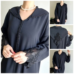 Classy ramadan jellaba, Black djellaba for eid, Perforated embroidered moroccan dress, Traditional beaded djellaba, jallaba, Gandoura.