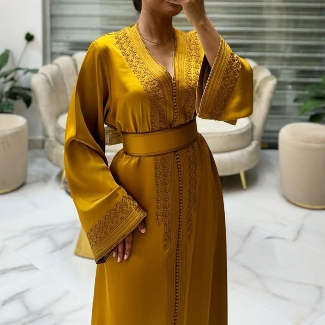 Moroccan Silk Mustard Caftan, Ramadan 2026 New Kaftan, Nikah Dress