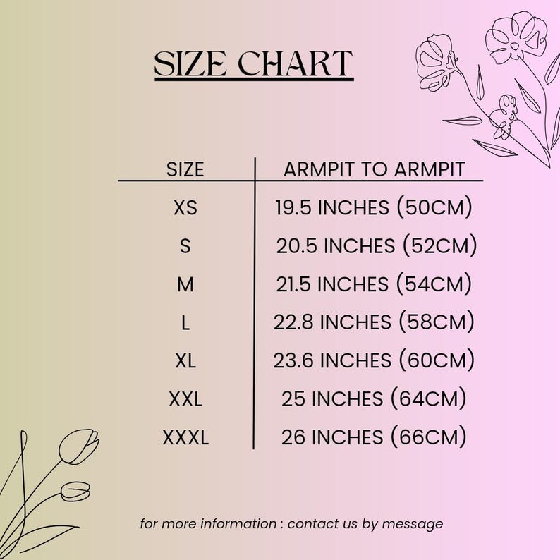 Puede incluir: Tabla de tallas para ropa con medidas en pulgadas y cent&iacute;metros. Las tallas incluyen XS, S, M, L, XL, XXL y XXXL. Las medidas se toman de axila a axila.