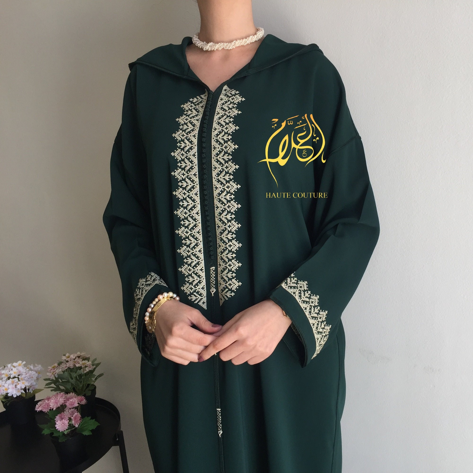 Cross Stitch Embroidery Dark Green Jellaba, Moroccan Dress for Eid