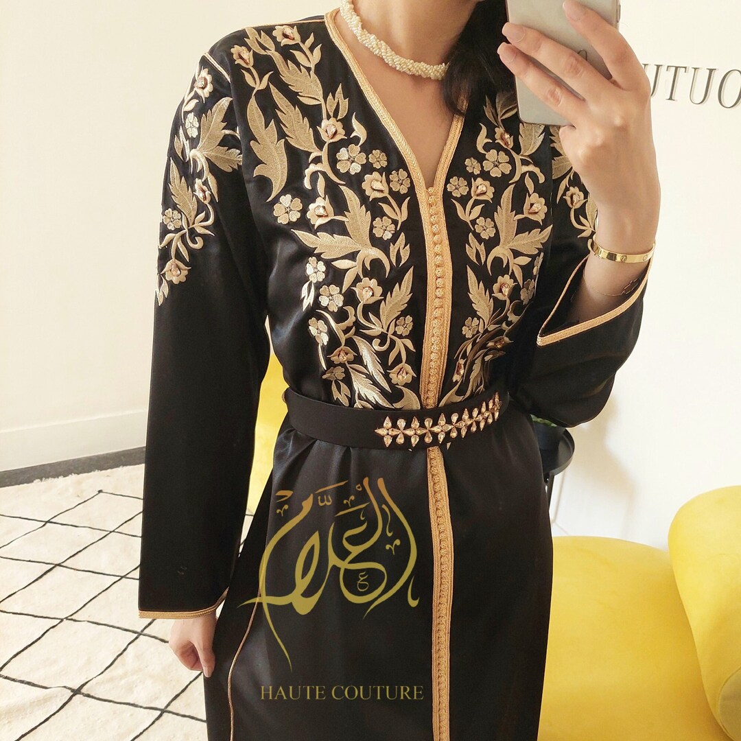Moroccan Black Caftan, Embroidered Satin Kaftan, Wedding Guest Kuftan ...