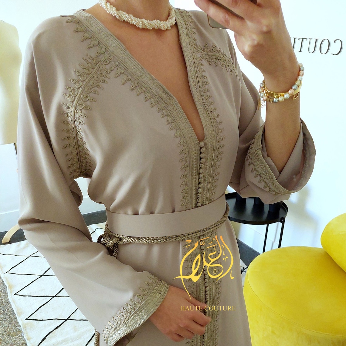 Nude Tulle Kaftan With Beadwork