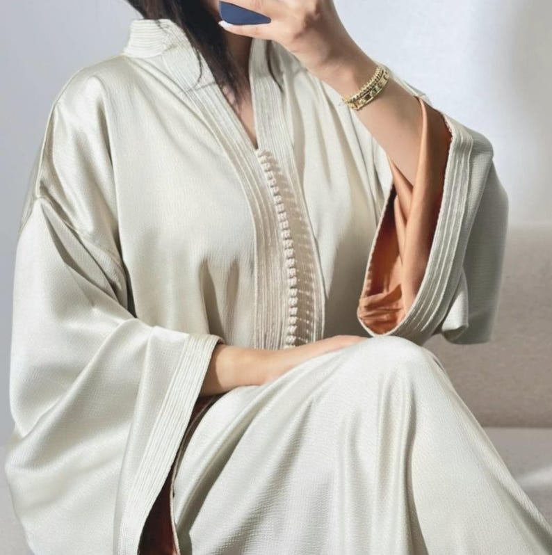 Moroccan caftan in Crepe Cady, Ramadan 2026 kaftan, Moroccan open kimono, Farasha dress, Gandoura, Arabic abaya, Fall_Winter abaya. Light Cream