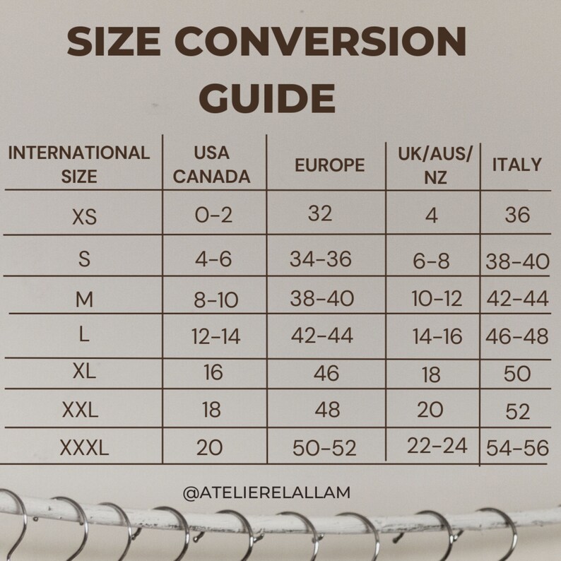 Puede incluir: Tabla de conversi&oacute;n de tallas para ropa. La tabla muestra las tallas internacionales, las tallas de EE. UU./Canad&aacute;, las tallas europeas, las tallas de Reino Unido/Australia/Nueva Zelanda y las tallas italianas. La tabla incluye tallas desde XS hasta XXXL.