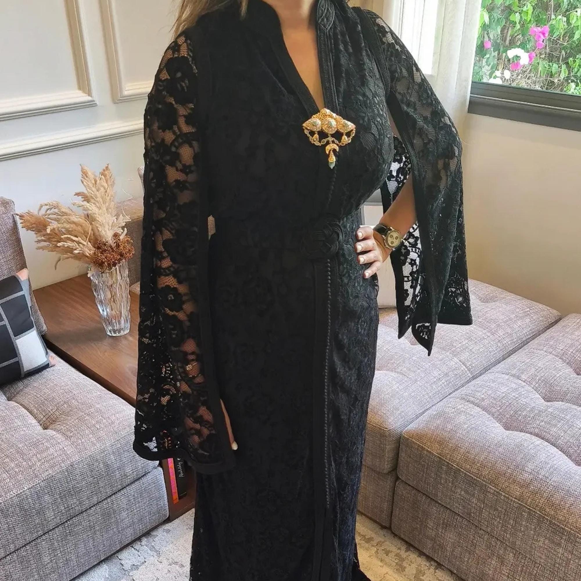 Moroccan lace velvet caftan, Embroidered Black kaftan, Traditional dress, Engagement dress, Gift for her, Abaya, Summer dress.