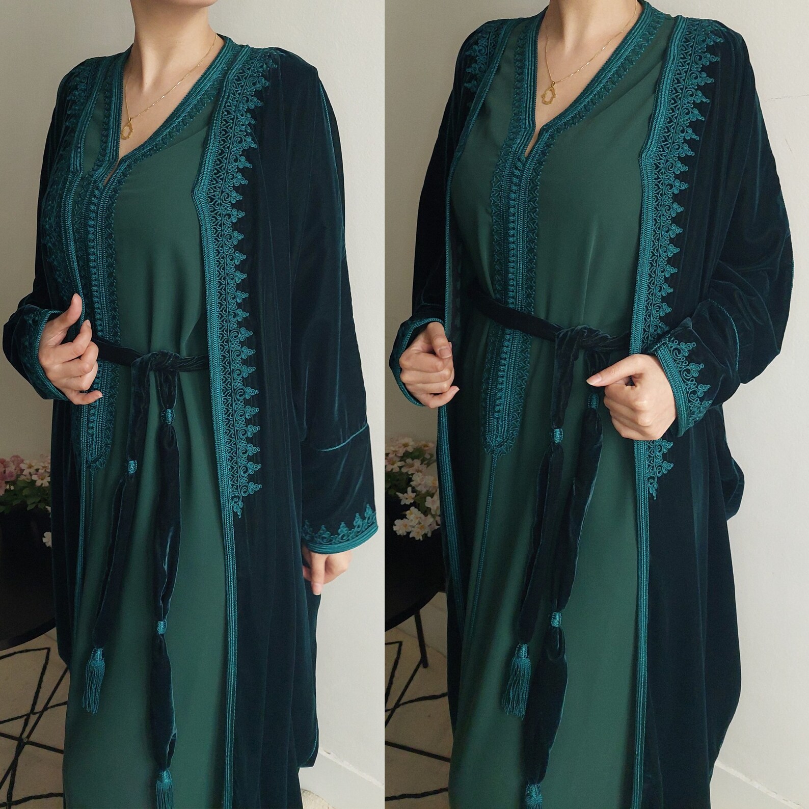 Emerald Green Velvet Moroccan Caftan, Embroidered 2 Pieces Kaftan ...