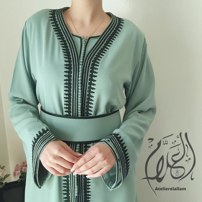 Moroccan Green Caftan, Wedding Guest Kaftan, Embroidered Engagement ...