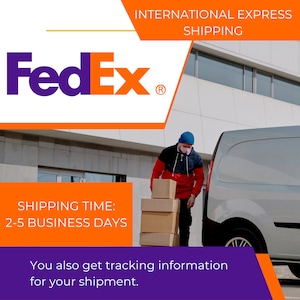 Puede incluir: Un repartidor de FedEx con una chaqueta roja y un gorro azul carga cajas en una camioneta blanca. El texto "INTERNATIONAL EXPRESS SHIPPING" y "FedEx" son visibles en la imagen. El texto "SHIPPING TIME: 2-5 BUSINESS DAYS" tambi&eacute;n es visible. El texto "You also get tracking information for your shipment." es visible en la parte inferior de la imagen.