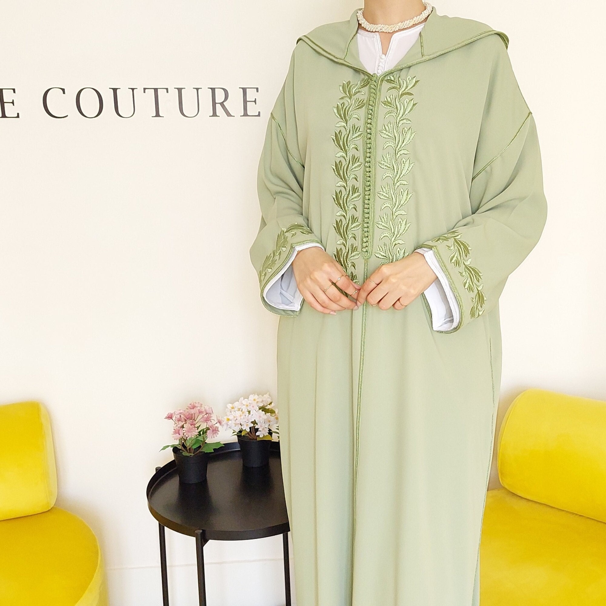 Moroccan 2 Pieces Embroidered Spring Jellaba Handmade Bride Jelaba Green Djellaba for Henna Party Arabic Dress Gift for Her Nikah Dress Etsy
