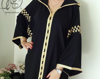 Elegante Marokkaanse zwarte 2025 jellaba, geborduurde djellaba, Eid jalaba, Marokkaanse jurk met capuchon, Arabische jurk, islamitische jurk, cadeau voor haar.