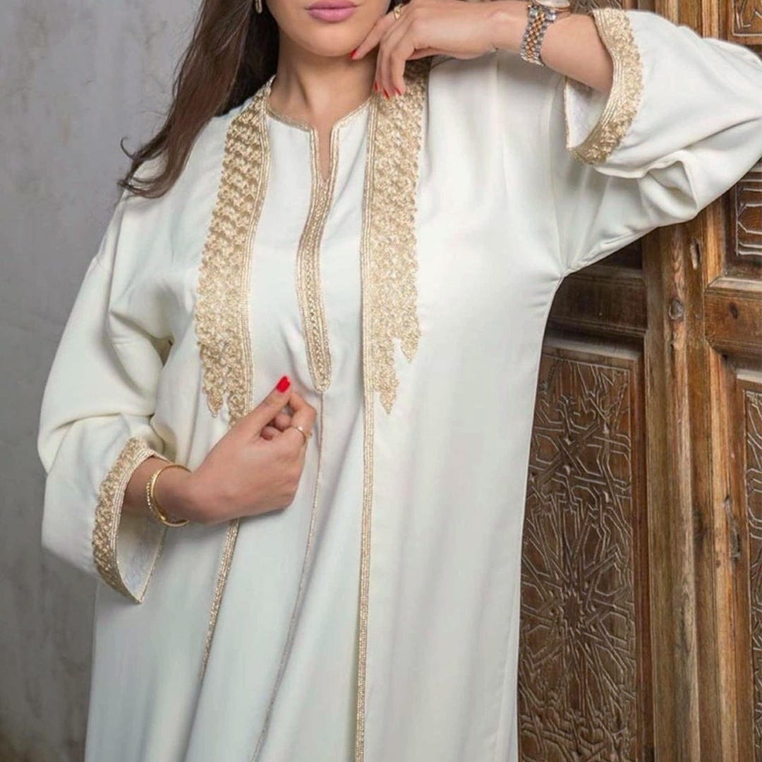Elegant Off-white Ramadan Caftan, Embroidered 2 Pieces Moroccan