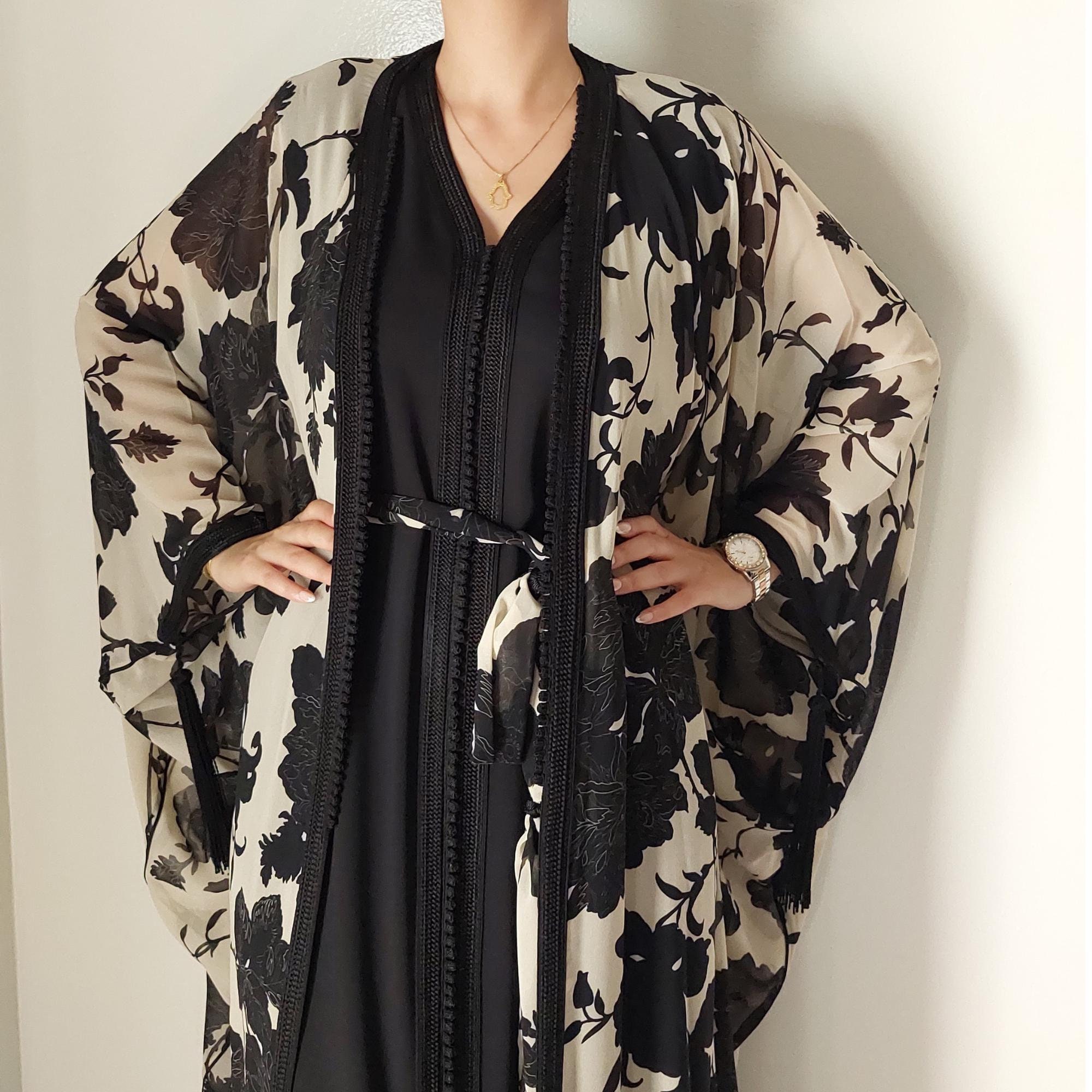 Printed silk chiffon caftan "New Collection 2025", Moroccan open kaftan, Abaya, Farasha dress, Gandoura, Kimono, Kuftan, Arabic dress.