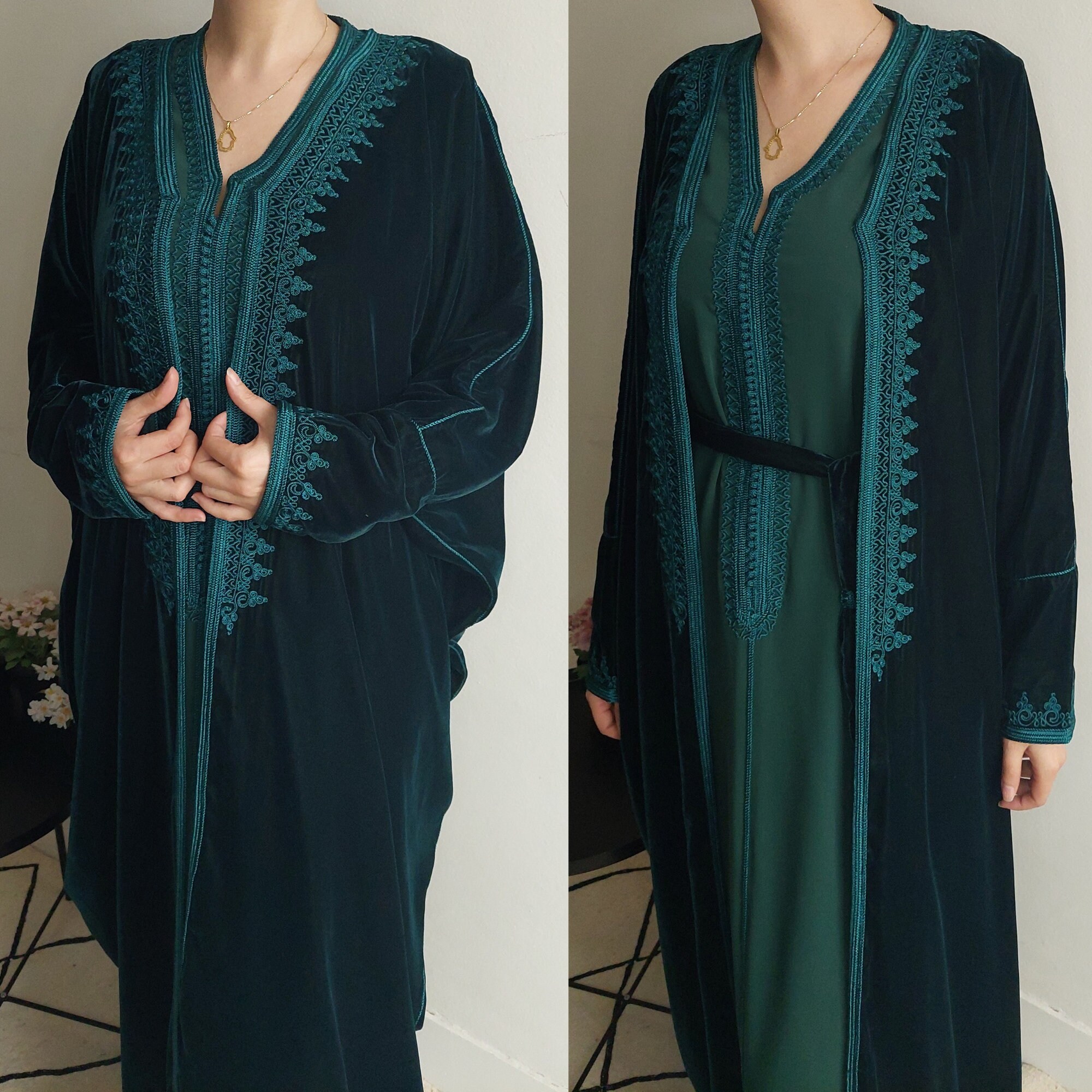 Emerald Green Velvet Moroccan Caftan, Embroidered 2 Pieces Kaftan ...