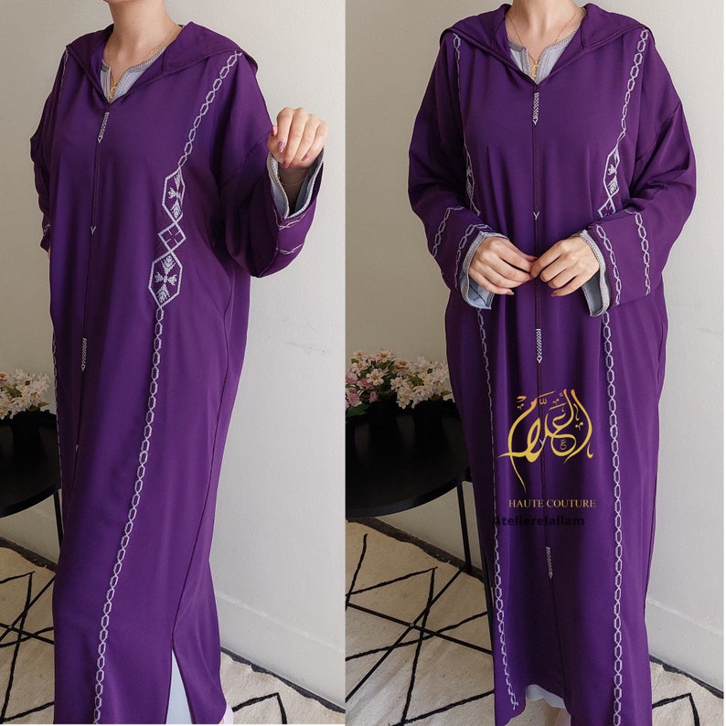 Moroccan jellaba New design 2024, Spring jalaba with caftan, Djellaba for aid al adha, Cross stitch embroidery hooded kaftan, Arabic dress image 6