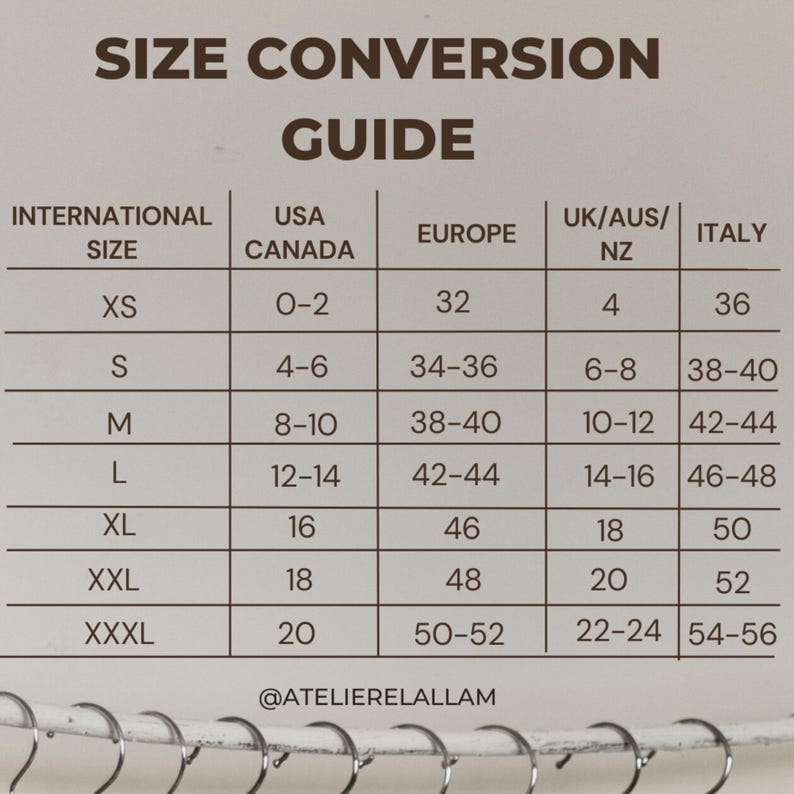 May include: A size conversion guide with the text "SIZE CONVERSION GUIDE" at the top. The chart compares international sizes to USA/Canada, Europe, UK/AUS/NZ, and Italy. Sizes range from XS to XXXL, with corresponding numerical values.