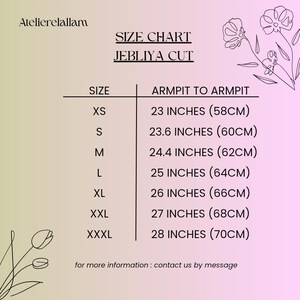May include: Size chart for the Jebliya Cut garment, with measurements in inches and centimeters. Sizes range from XS to XXXL, with armpit-to-armpit measurements from 23 inches (58cm) to 28 inches (70cm). The chart is set against a gradient pink and green background.