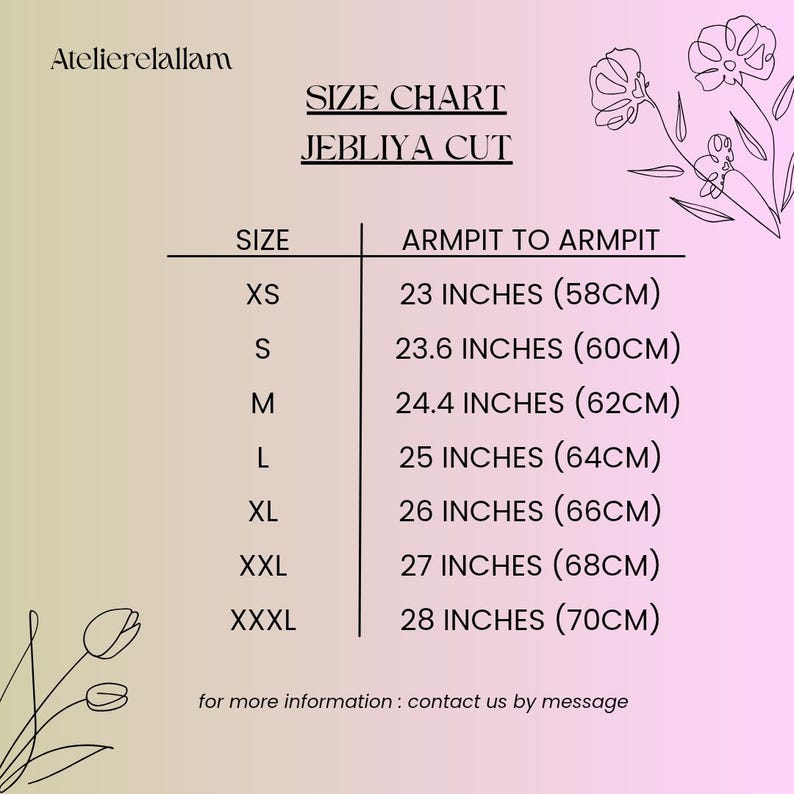 May include: Size chart for the Jebliya Cut garment, with measurements in inches and centimeters. Sizes range from XS to XXXL, with armpit-to-armpit measurements from 23 inches (58cm) to 28 inches (70cm). The chart is set against a gradient pink and green background.