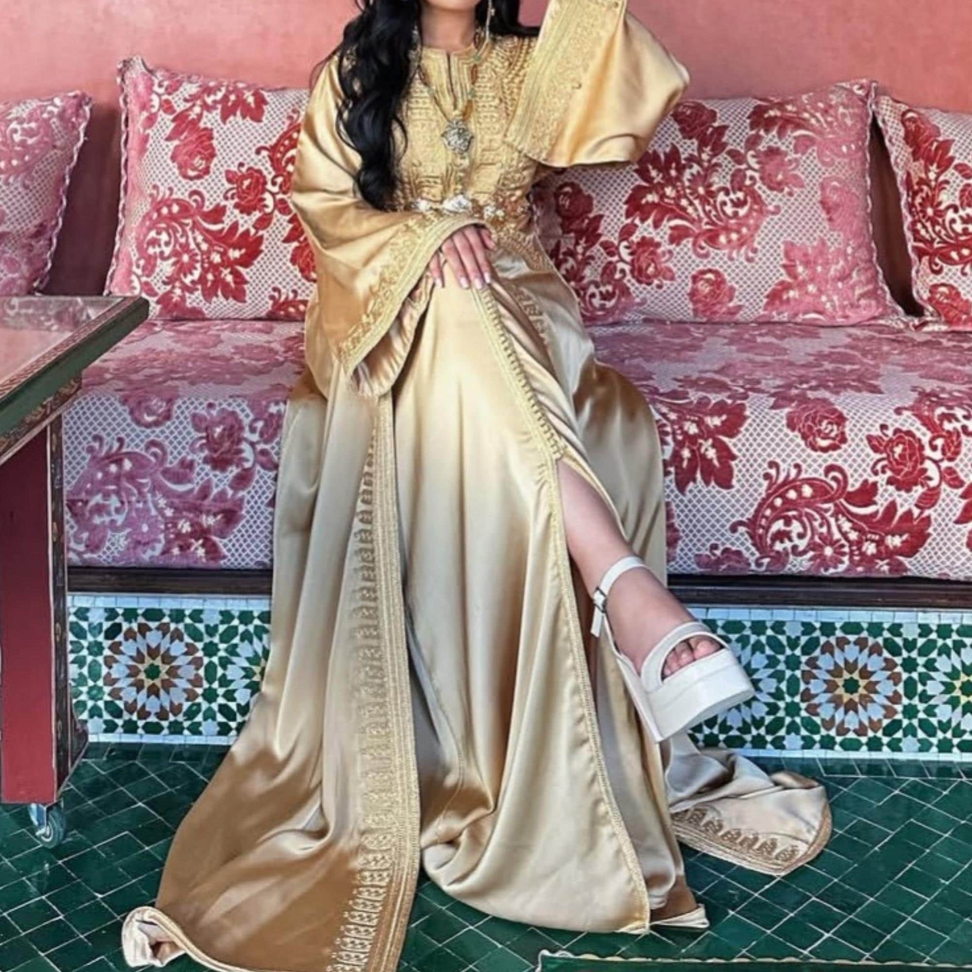 arabic gold dress Moroccan Silk Caftan, Wedding guest kaftan, Bridal Abaya, dress, Traditional with belt, Gift for her, Christmas Gift gold prom dress