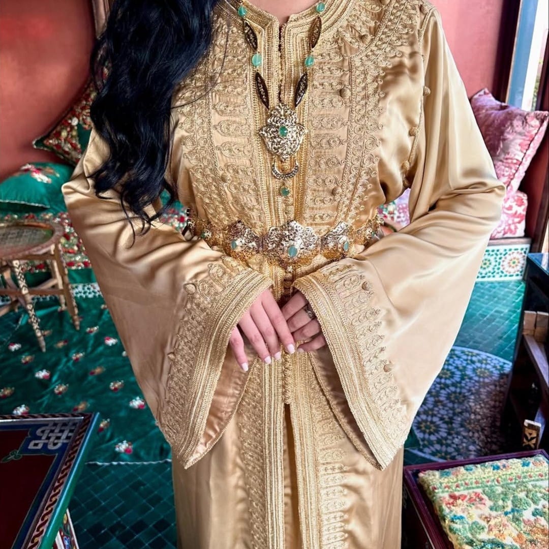 Moroccan Silk Gold Caftan, Wedding Guest Kaftan, Bridal Abaya, Arabic ...