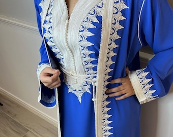 Elegant royal blue bridal caftan, Embroidered kaftan, Engagement moroccan dress, Wedding guest kuftan, Arabic trendy dress, Nikah dress.
