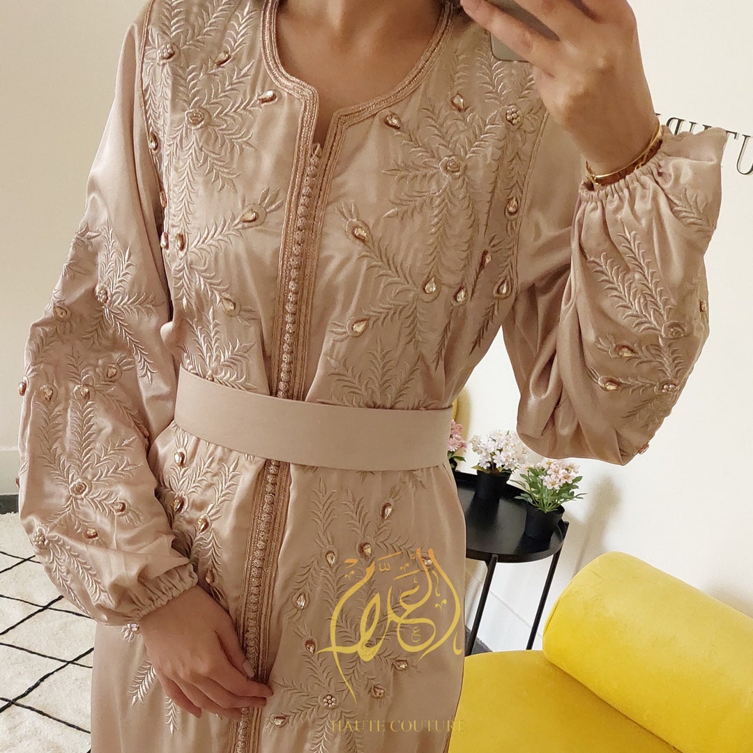 Silk Satin Champagne Caftan, Moroccan Dress, Embroidered