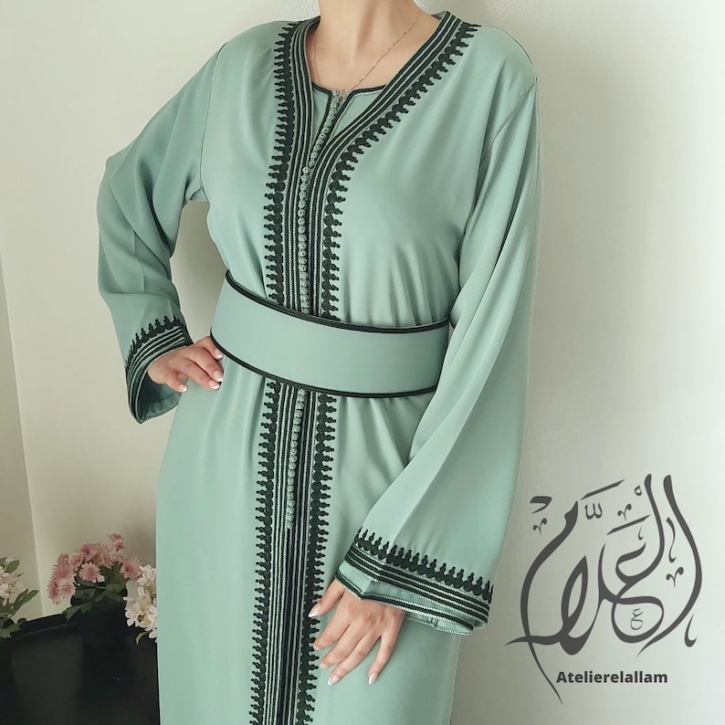 Moroccan Green Caftan, Wedding Guest Kaftan, Embroidered Engagement ...