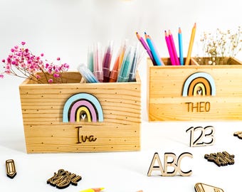Personalized Pencil Holder with Name, Rainbow Wooden Pencil Box, Back to School Gift, Schoolchild Desk Organizer, Kids, Colorful Engraved