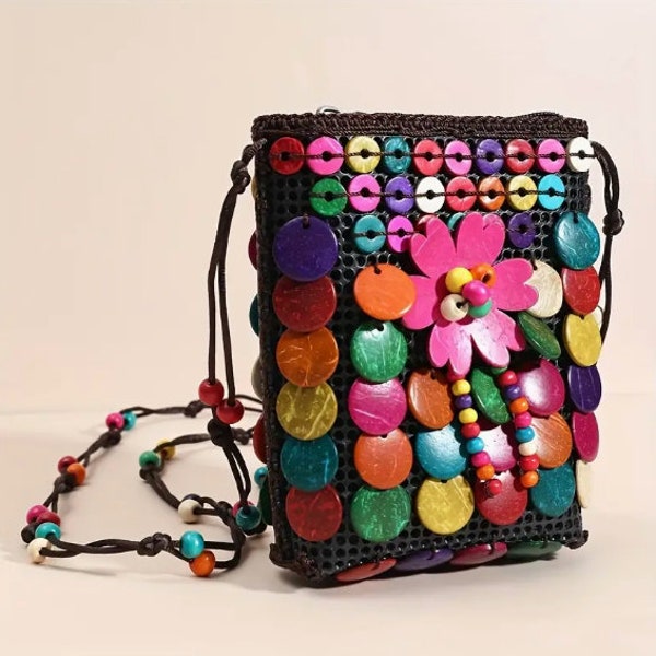 Carnival Coconut Shell Beaded Crossbody Bag Ethnic Style Flower Coin Purse Hand-woven Shoulder Bag For Women