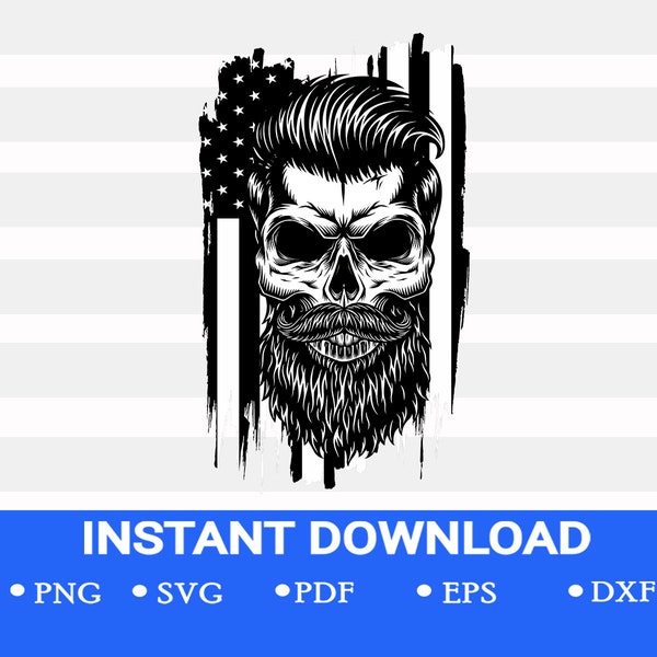 Skull bearded man with USA flag svg, Skull beard svg,Skull haircut svg, Skull hairstyle svg,No shave November skull usa flag svg,Bearded Man