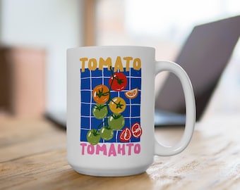 Tomato Tomahto Retro Graphic Mug, Quirky Food Pun Coffee Cup