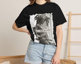 Girls Will Be Girls Tee, Medusa Statue Graphic T-Shirt, Vintage Distressed Mythology Shirt, Comfort Colors Garment-Dyed Top
