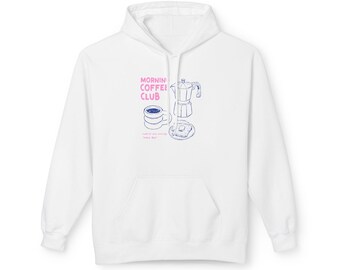 Coffee Morning Club Hoodie, Cozy Fleece Sweatshirt, Coffee Lover Gift, Illustrated Graphic Shirt