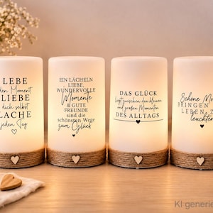Könnte beinhalten: Vier zylindrische, weiß leuchtende LED-Lampen mit einem Sockel aus natürlichem Jutegarn und einem kleinen Holzherz. Jede Lampe ist mit einem individuellen schwarzen deutschen Zitat über das Leben, die Liebe und das Glück bedruckt.