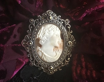 Gorgeous Vintage Sterling Cameo Brooch with Marcasite